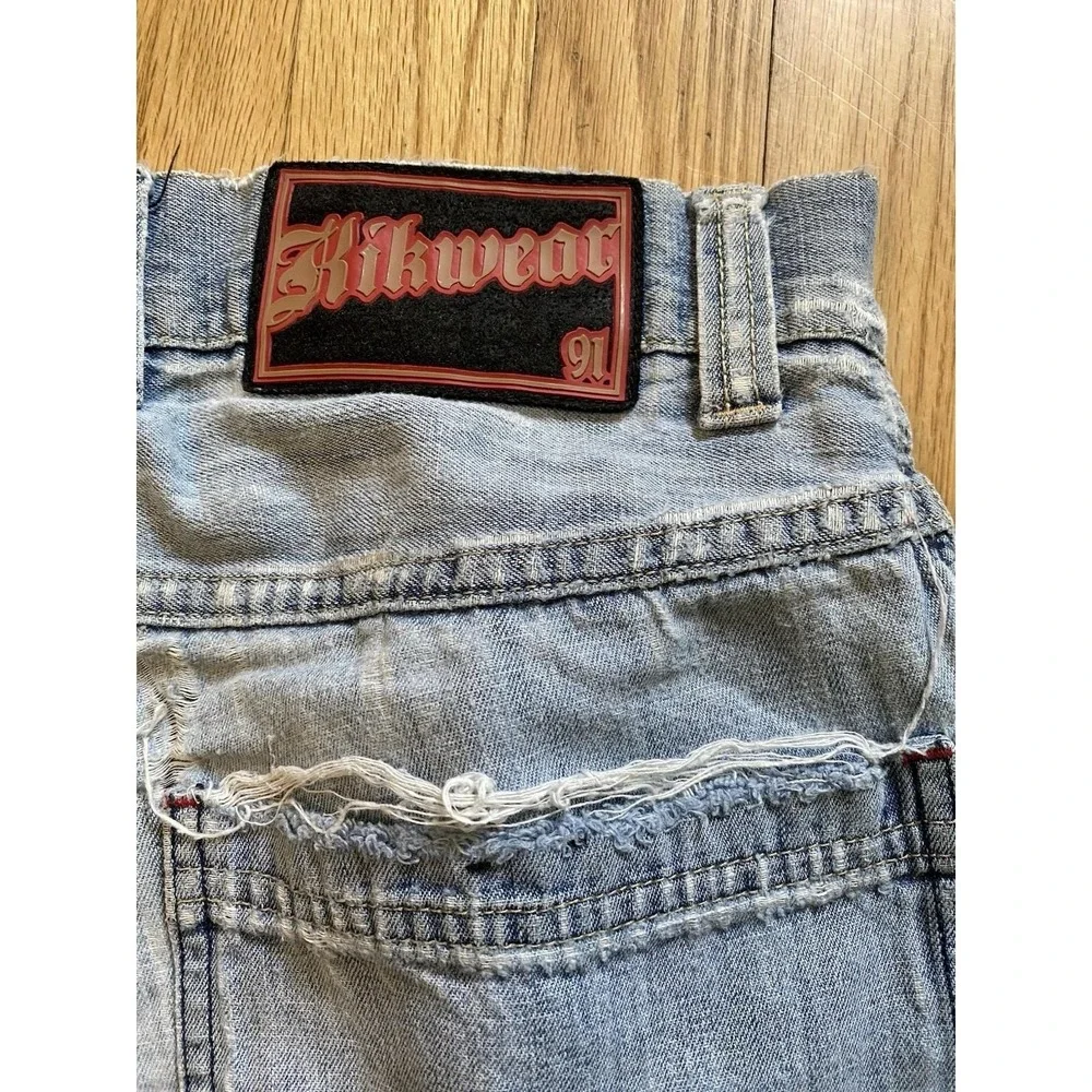 Vintage 90s Kikwear Distressed Denim Shorts Baggy Jorts Y2K Rave Skate RN 87490